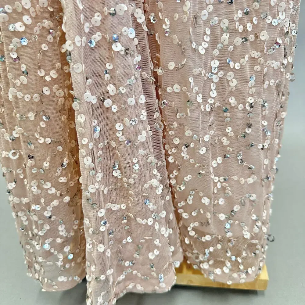 Adrianna Papell 3/4 Sleeve Scoop Back Champagne Sequin‎ Maxi Gown Size 4
